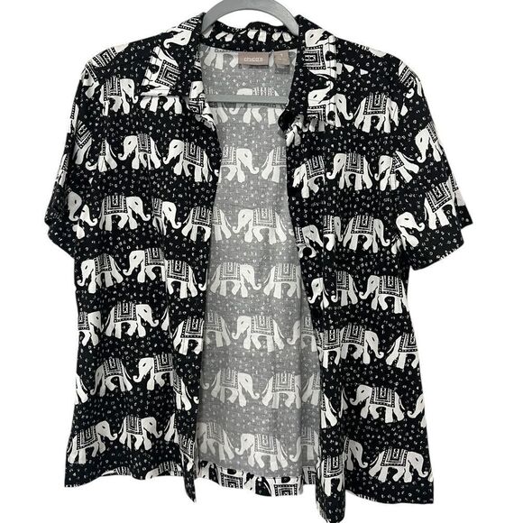 Chico’s Size 1 Button-Up Blouse - Black and White Elephant Print, Short Sleeve - Picture 1 of 5